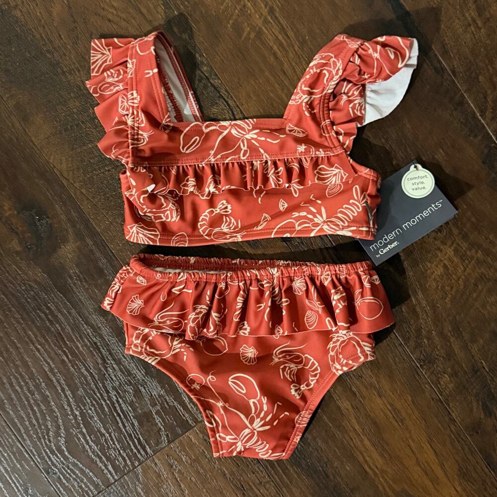 MM Infant & Toddler Girls Rust Red 2pc Crab Shells Ruffle Bikini Swimsuit